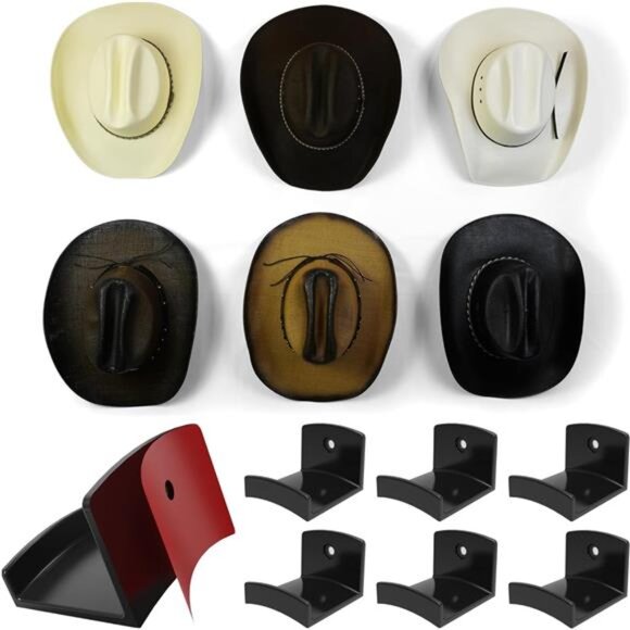 Adhesive Hat Hooks for Wall (6-Pack) - Cowboy Hat Rack, Wide Brim Hat - Picture 1 of 14
